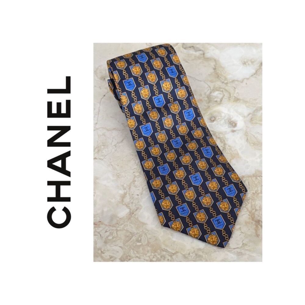 CHANEL CC Logo Chain Pattern 100% Silk Tie Multi-Colour Authentic